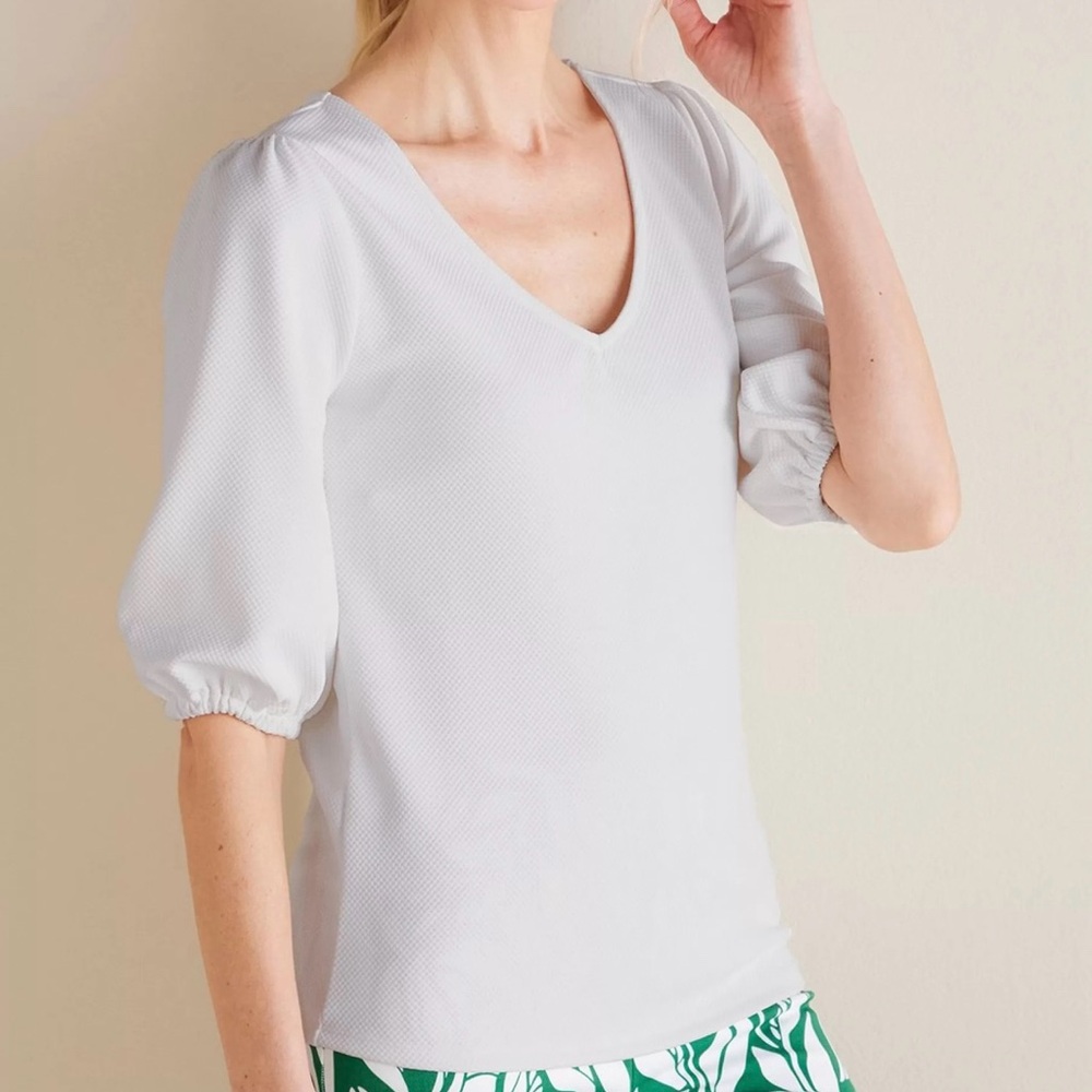 SOFT SURROUNDINGS NWT Tabitha Puff Sleeve Top White XL V Neck Textured‎ Knit